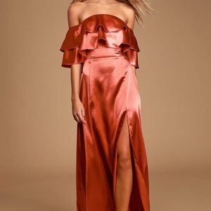 Lulus Pure Happiness Rust Satin Off the Shoulder S
